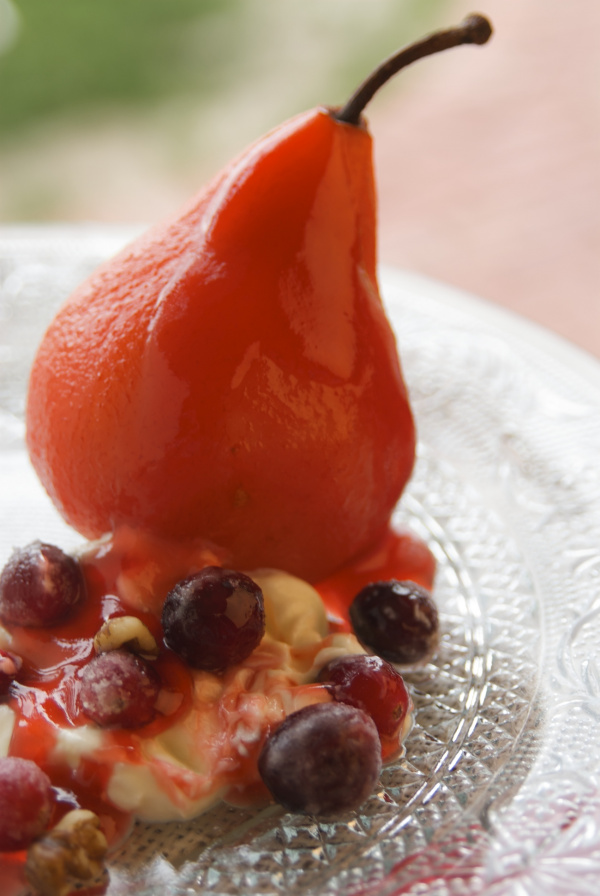 Poached Pears in Cranberry Raspberry Juice