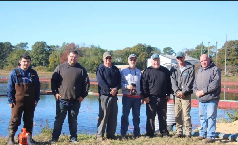 From right to left: son Nicholas J. Hall, son Benjamin A. Hall, friend and cranberry grower Wayne Coulson , older brother Arthur H. Hall Jr, Alan J Hall , younger brother Aaron L. Hall , and friend Chris Johnson, great grandson of  cranberry grower Vern Johnson.  
